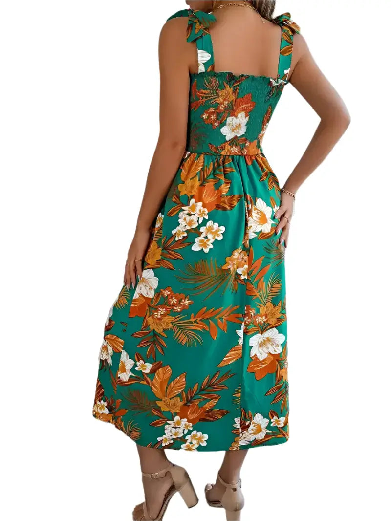 Back View of Green Floral Breeze Maxi Dress for Women