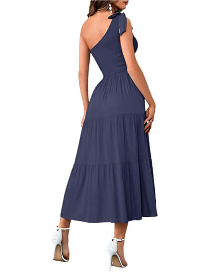 Back View of Navy Blue One-shoulder Pleated Layered Dress for Women