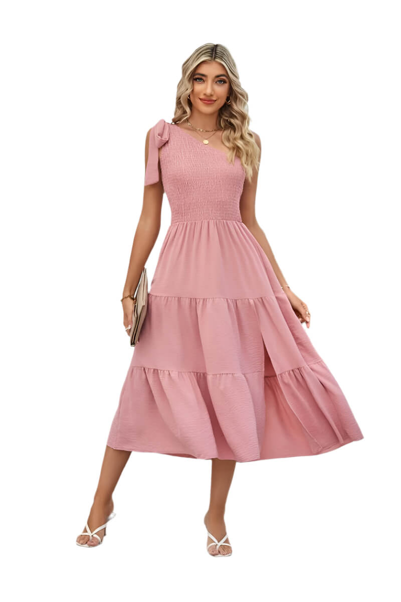 Lotus Root Color One-shoulder Pleated Layered Dress for Women