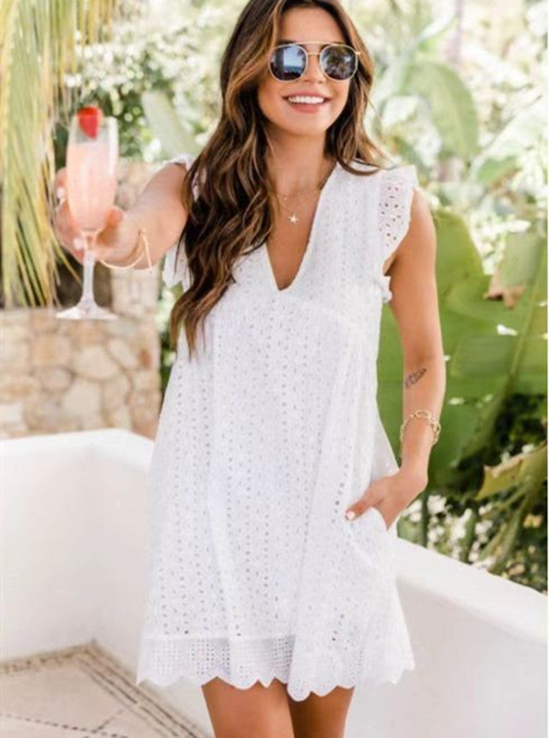 White Jacquard V-Neck Dress for Women