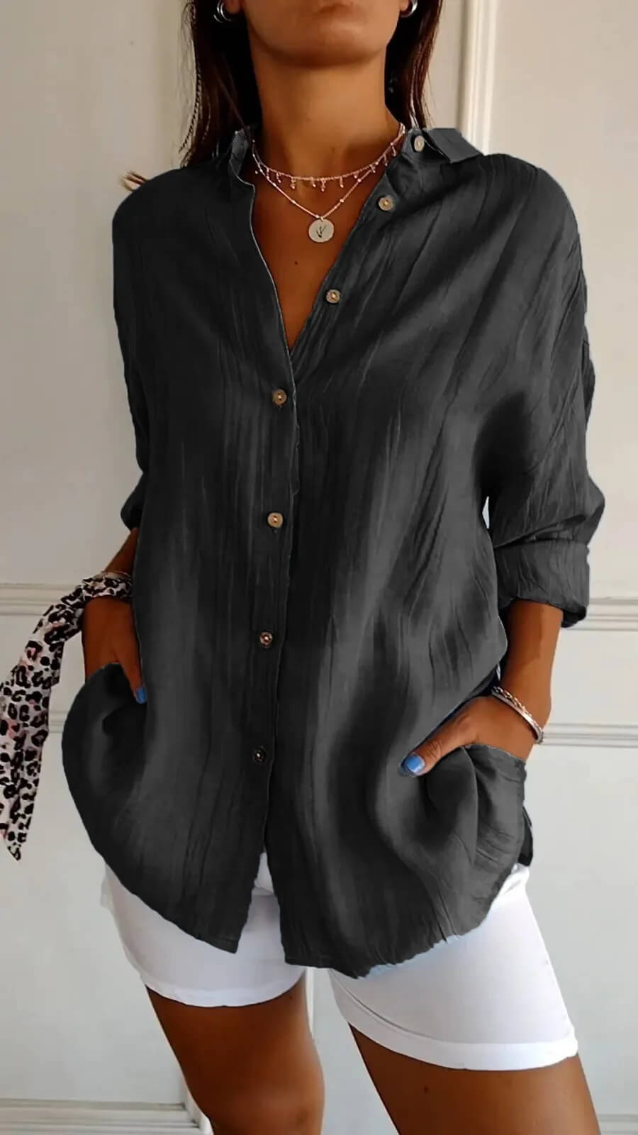 Black Chic pleats lapel shirt with sleeve pleated blouse for women