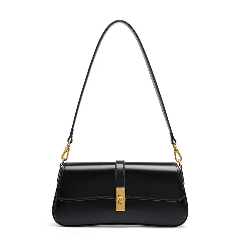 Black Mocha Luxe shoulder bag for women with gold clasp and long strap