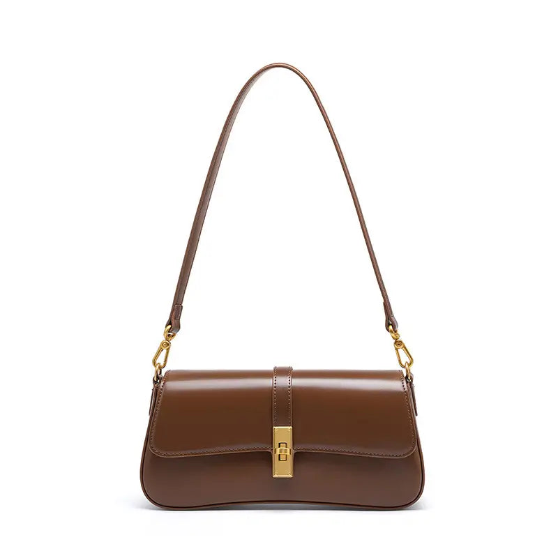 Brown Mocha Luxe shoulder bag for women with gold clasp and long strap
