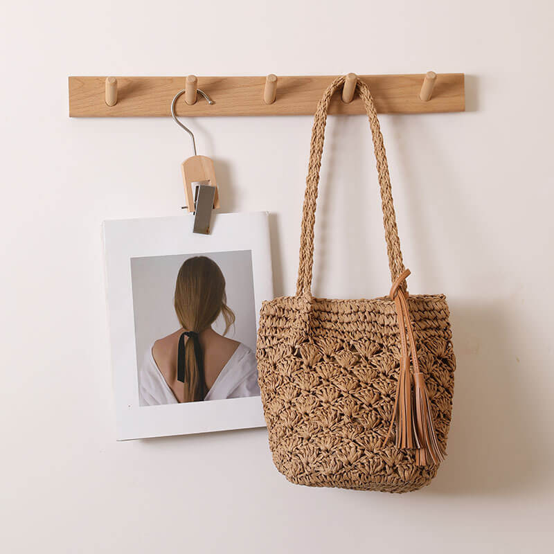 Close-up of coffee Tassel breeze woven shoulder bag for women