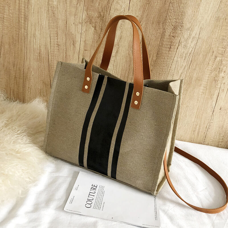 Close-up of khaki Stripes structure canvas handbag for women