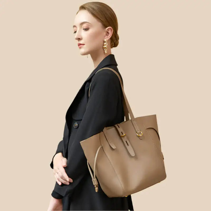 Image banner of model carrying Versatile elegance leather tote bag for women