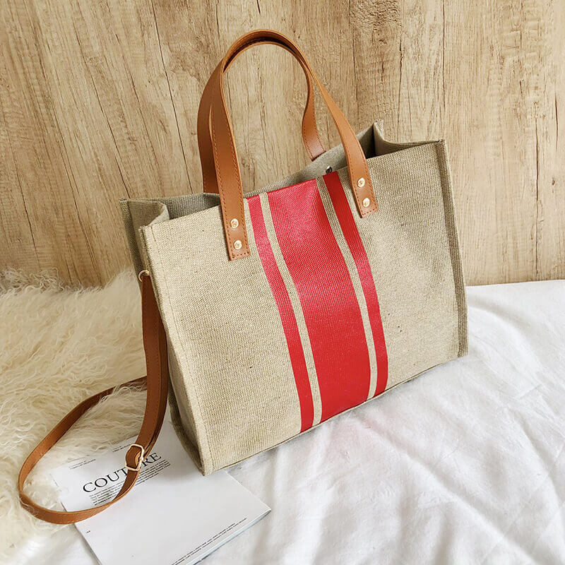 Khaki red Stripes structure canvas handbag for women