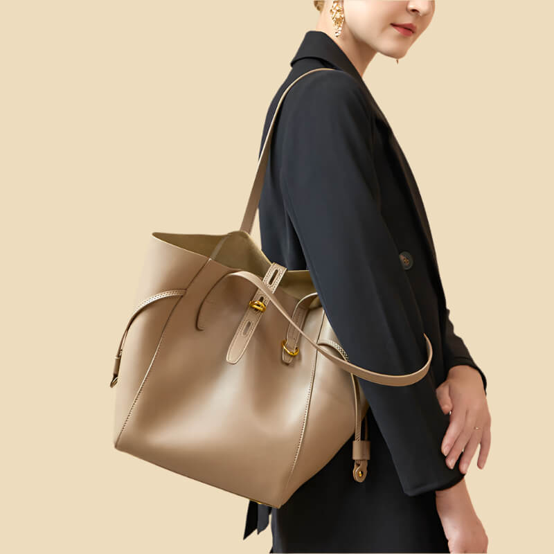 Model carrying Versatile elegance leather tote bag for women