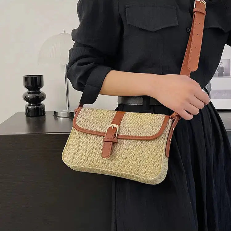 Model carrying brown Summer Vibes straw satchel bag for women