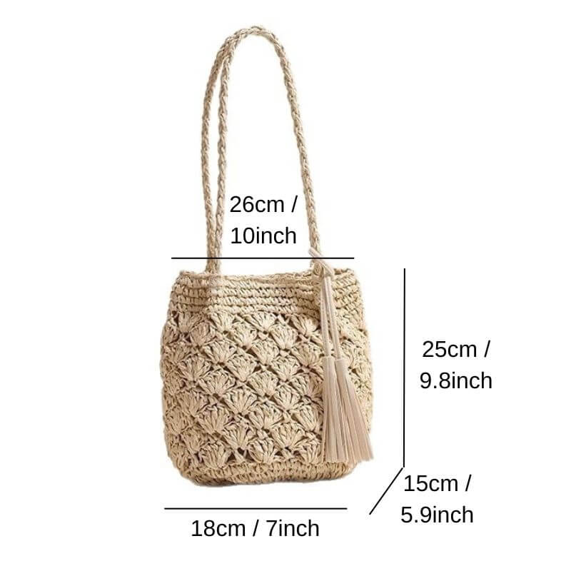 Size guide of Tassel breeze woven shoulder bag for women