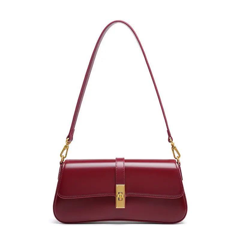Wine Red Mocha Luxe shoulder bag for women with gold clasp and long strap
