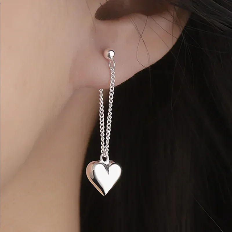 925 Sterling Silver Heart Chain Dangle Earrings for Women - Trendy