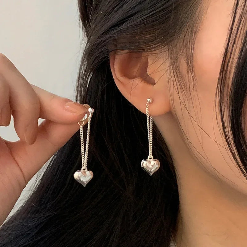 925 Sterling Silver Heart Chain Dangle Earrings for Women - Trendy
