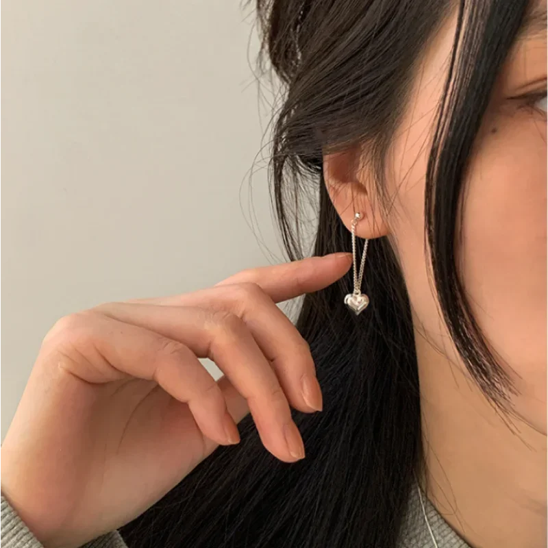 925 Sterling Silver Heart Chain Dangle Earrings for Women - Trendy