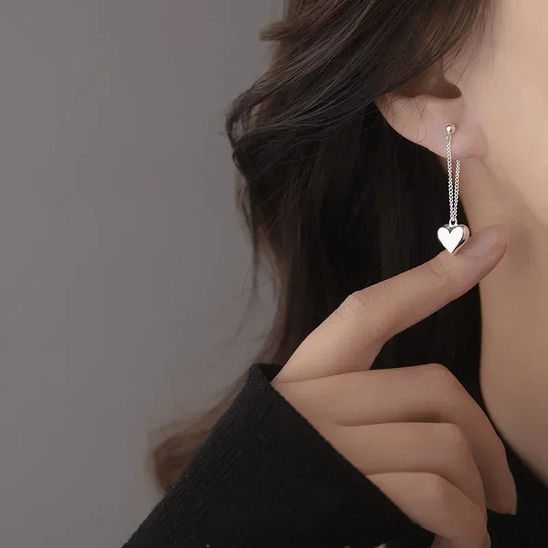925 Sterling Silver Heart Chain Dangle Earrings for Women - Trendy