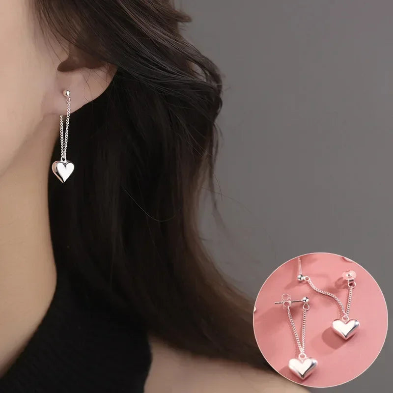 925 Sterling Silver Heart Chain Dangle Earrings for Women - Trendy