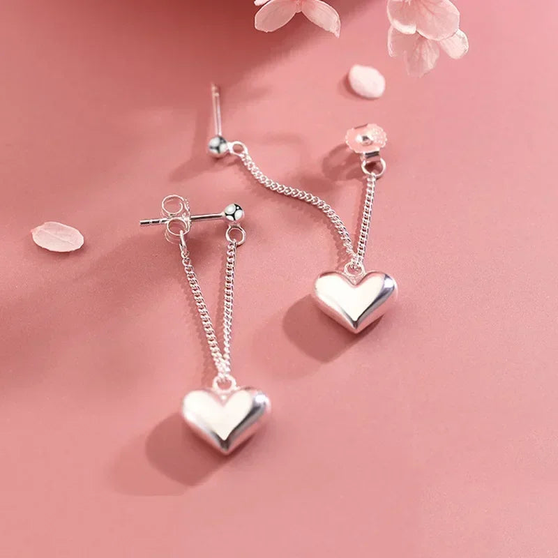 925 Sterling Silver Heart Chain Dangle Earrings for Women - Trendy
