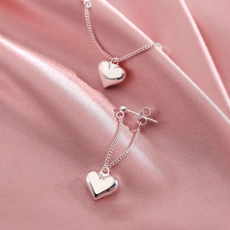 925 Sterling Silver Heart Chain Dangle Earrings for Women - Trendy