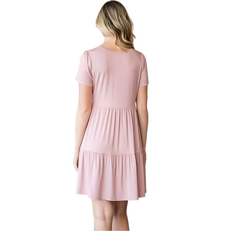 Back View of Mini Tiered Pompom Lace Dress for Women