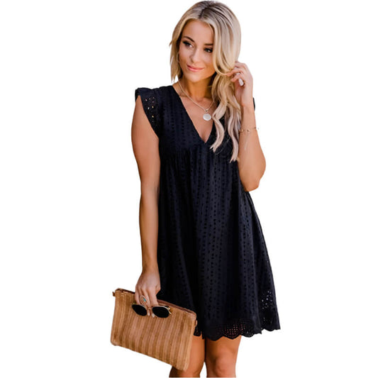 Black Jacquard V-Neck Dress for Women