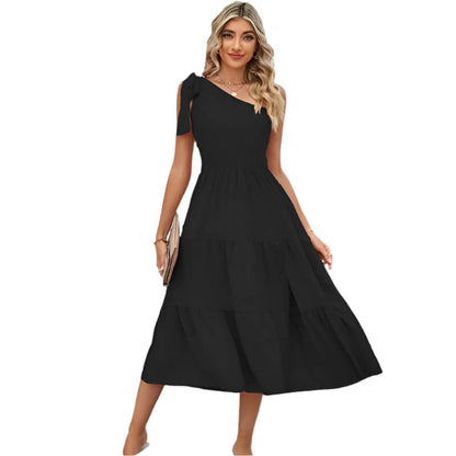 Black One-shoulder Pleated Layered Dress for Women