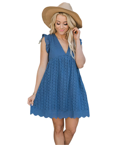 Blue Jacquard V-Neck Dress for Women