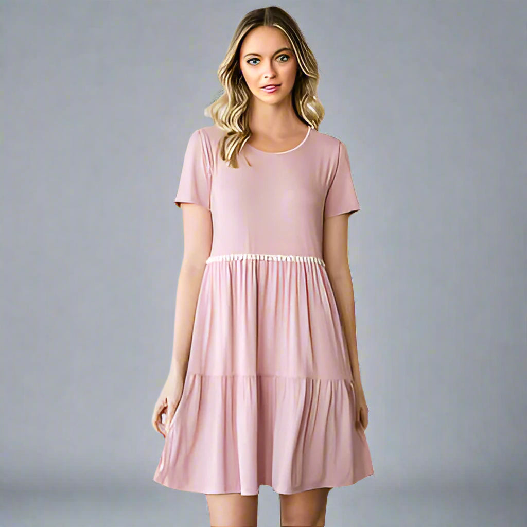 Front View of Mini Tiered Pompom Lace Dress for Women