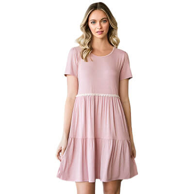 Front View of Mini Tiered Pompom Lace Dress for Women
