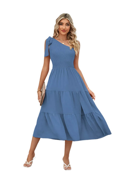 Demin Blue One-shoulder Pleated Layered Dress for Women