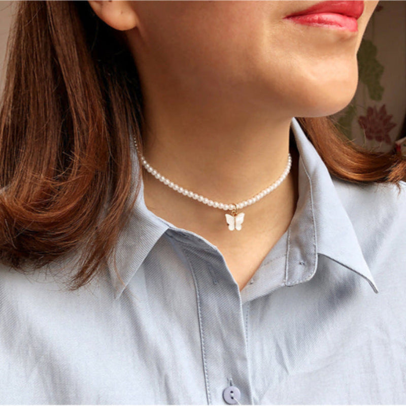 Elegant White Pearl with Butterfly Choker Necklace For Women - Trendy