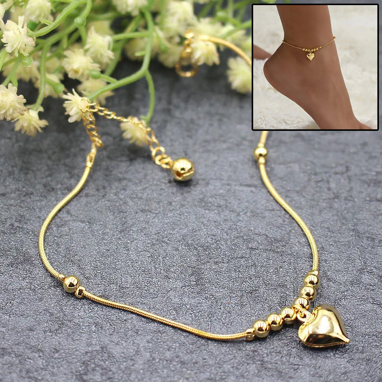 Gothic Gold Color Heart Pendant Beaded Anklet - Trendy