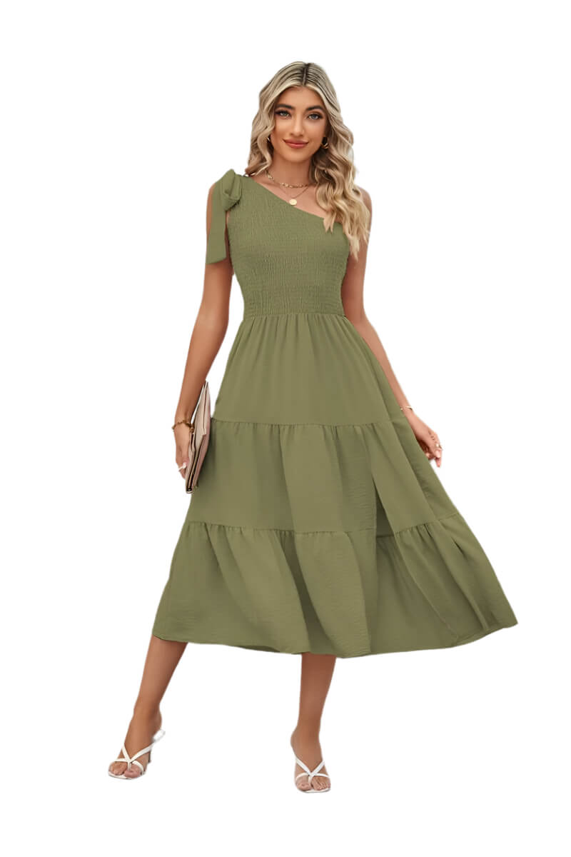 Green One-shoulder Pleated Layered Dress for Women