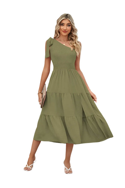 Green One-shoulder Pleated Layered Dress for Women