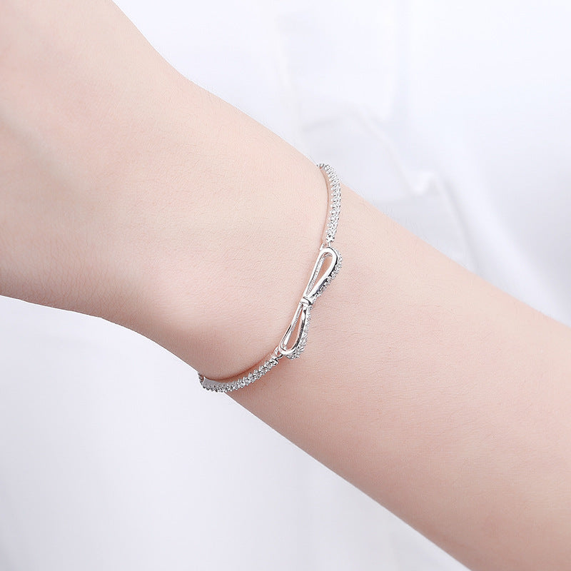 Korean Style S925 Sterling Silver Plated Platinum Bow Bracelet - Trendy