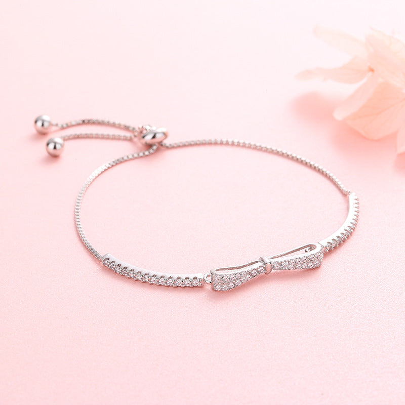 Korean Style S925 Sterling Silver Plated Platinum Bow Bracelet - Trendy