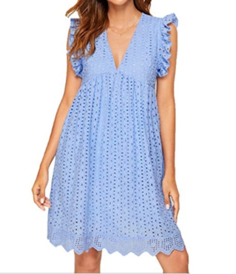 Light Blue Jacquard V-Neck Dress for Women
