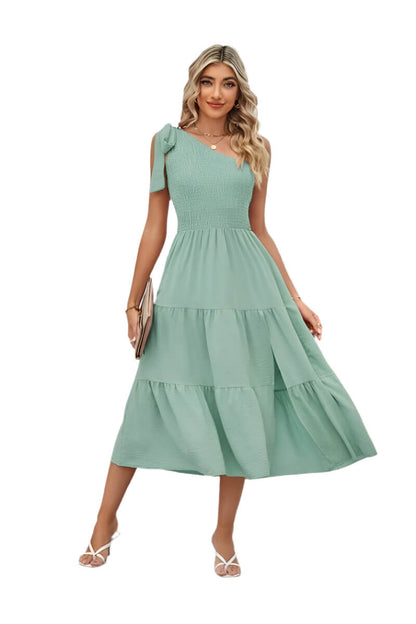 Light Green One-shoulder Pleated Layered Dress for Women