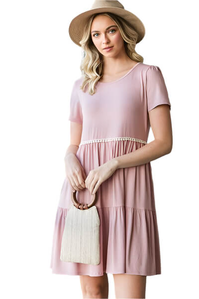 Women's Mini Tiered with Pompom Lace Dress - Trendy