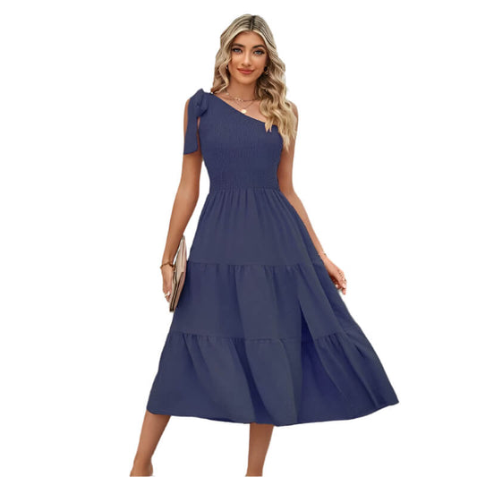 Navy Blue One-shoulder Pleated Layered Dress for Women