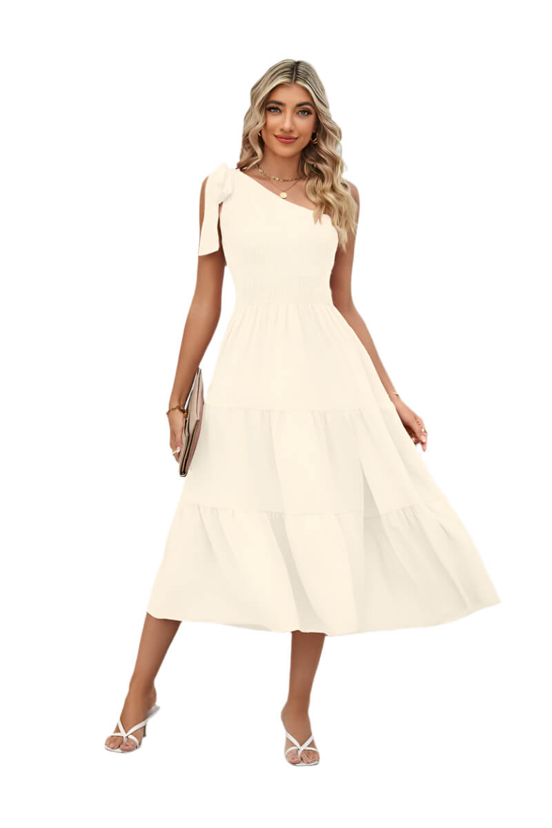 Offwhite One-shoulder Pleated Layered Dress for Women