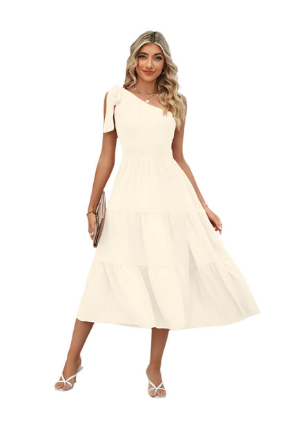 Offwhite One-shoulder Pleated Layered Dress for Women