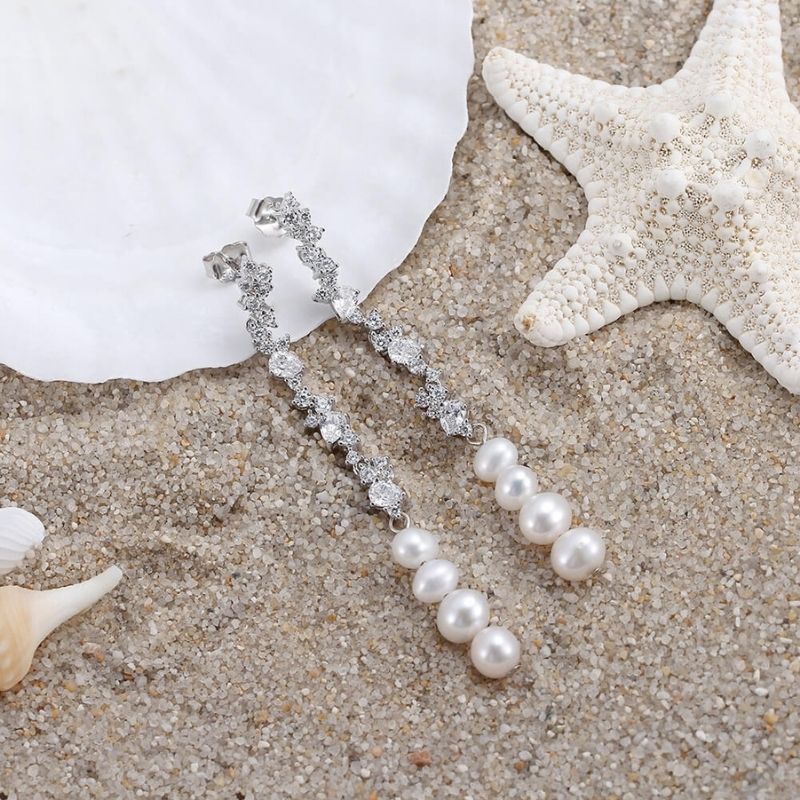 S925 Silver Pearl Dangle Earrings Inlaid Zirconium for Women - Trendy