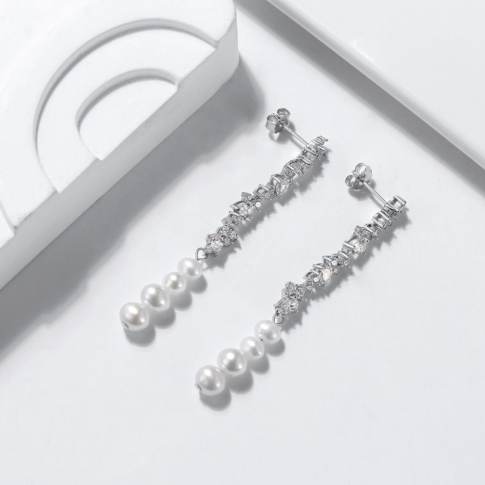S925 Silver Pearl Dangle Earrings Inlaid Zirconium for Women - Trendy