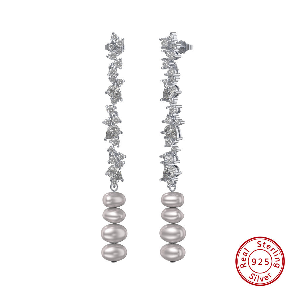 S925 Silver Pearl Dangle Earrings Inlaid Zirconium for Women - Trendy