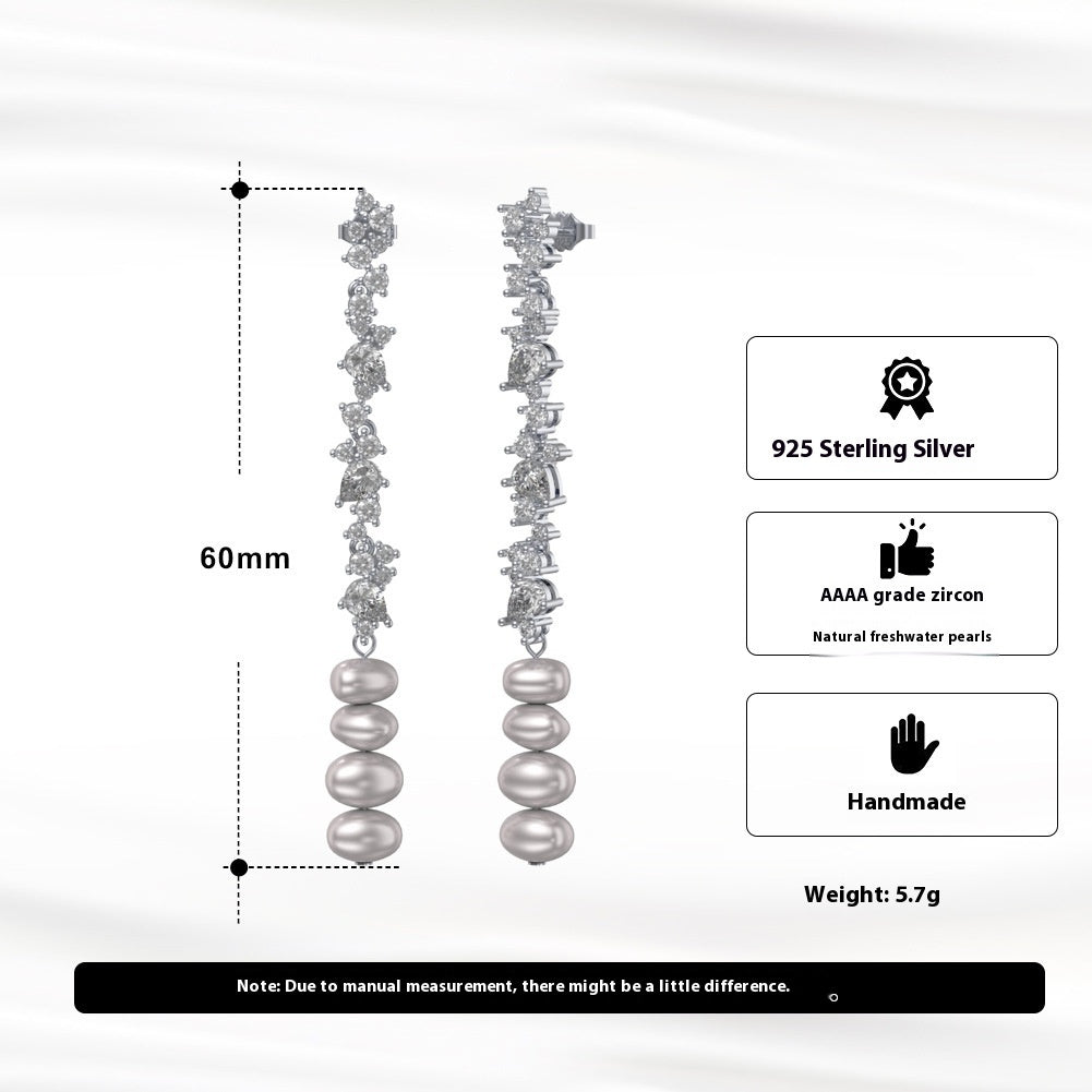 S925 Silver Pearl Dangle Earrings Inlaid Zirconium for Women - Trendy