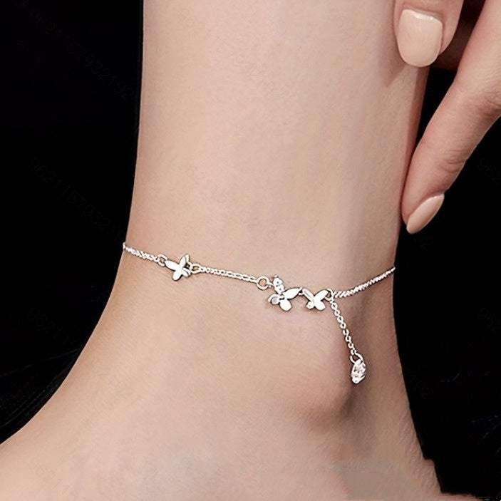 S925 Sterling Silver Butterfly Zircon Flower Tassel Anklet - Trendy