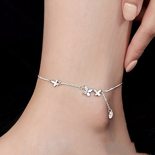 S925 Sterling Silver Butterfly Zircon Flower Tassel Anklet - Trendy