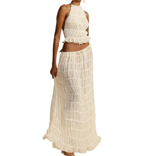 Sleeveless Backless Cropped Halter Top and Pleated Long Skirt - Trendy
