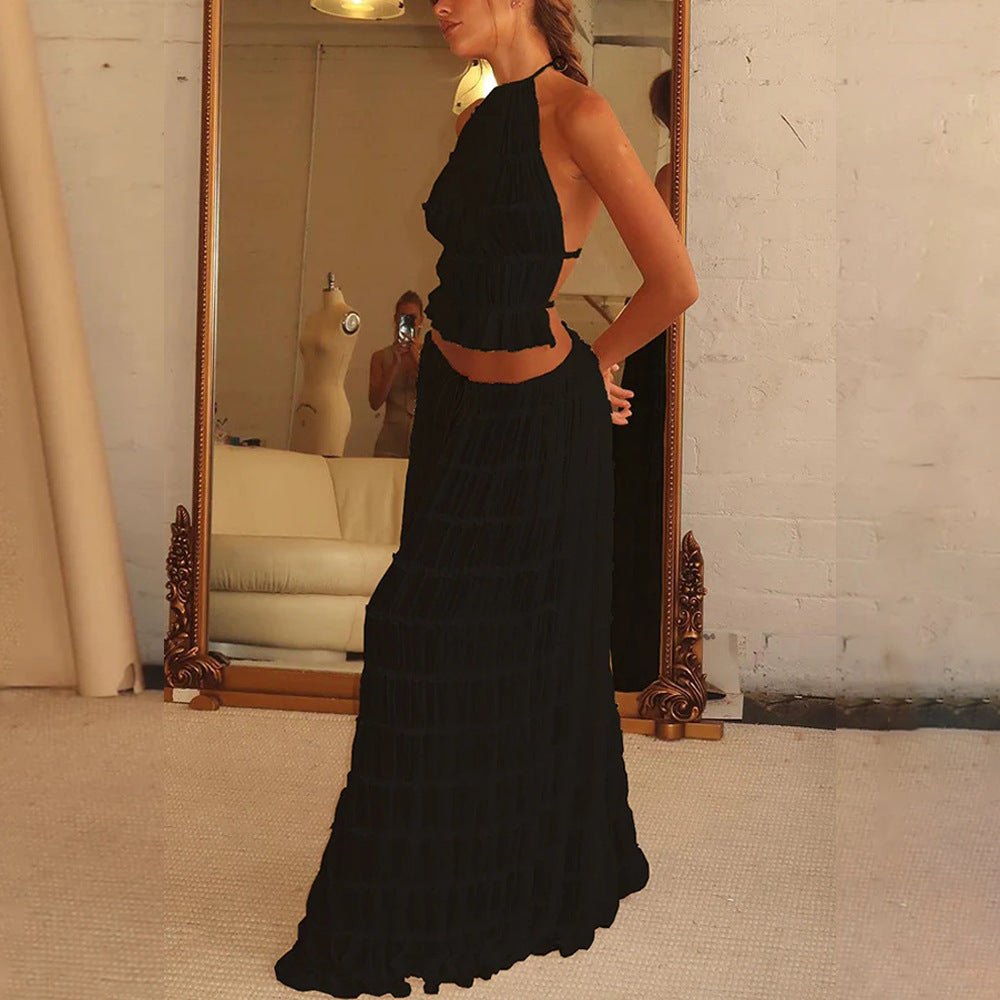 Sleeveless Backless Cropped Halter Top and Pleated Long Skirt - Trendy