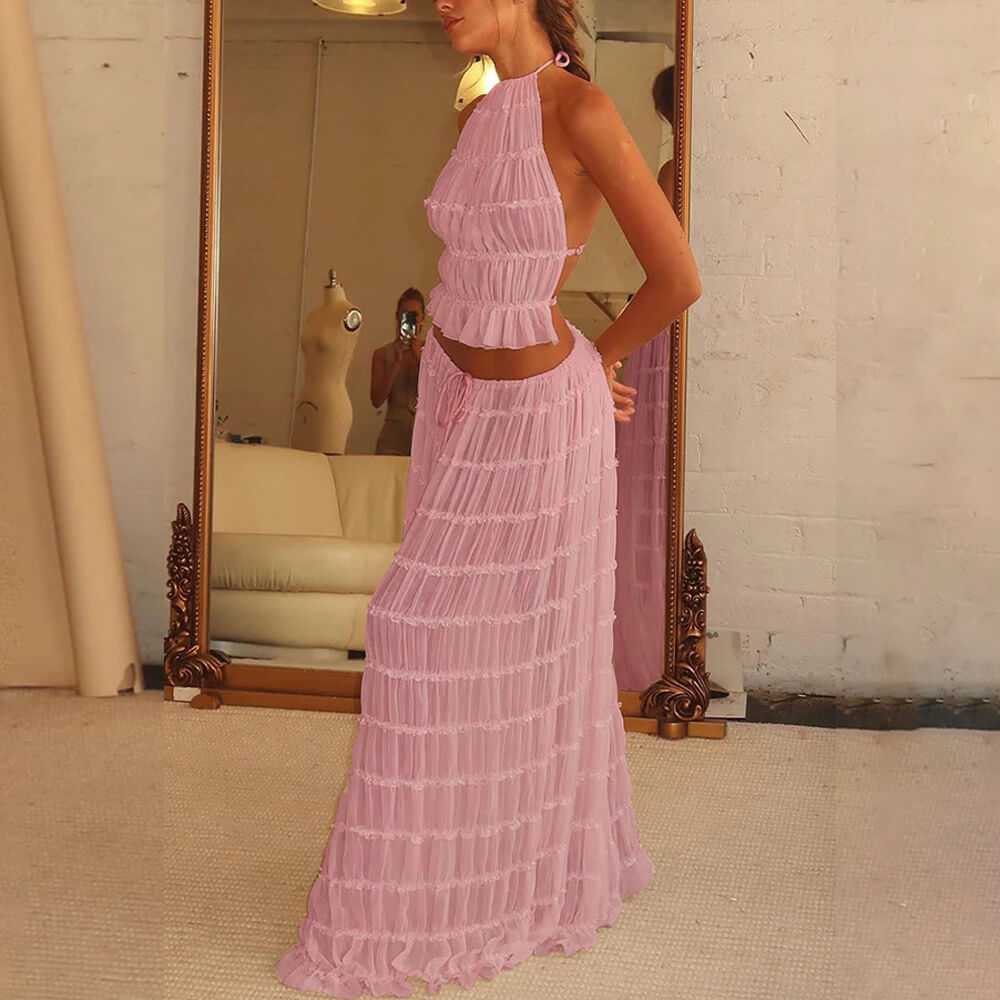 Sleeveless Backless Cropped Halter Top and Pleated Long Skirt - Trendy